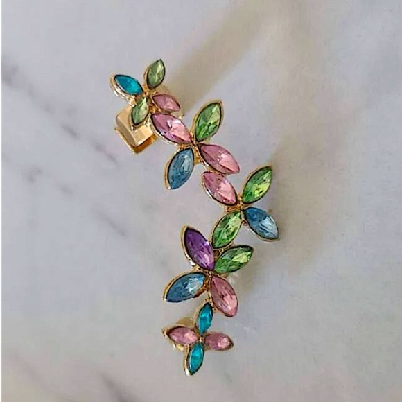 Gold Multicolor Flower Ear Cuff Climber Earring - Picture 4 of 6